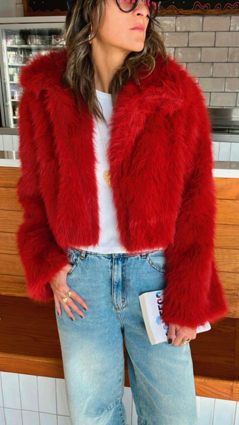 Red Faux Fur Cropped Jacket – Frillu