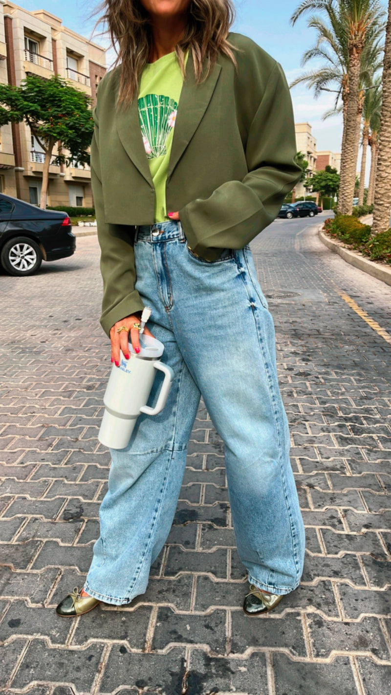 Olive Loose Cropped Blazer – Frillu