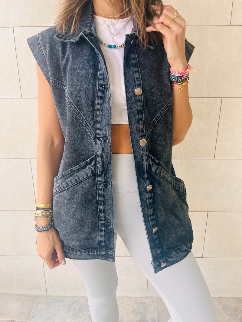 Grey Exaggerated Double Pocket Denim Vest