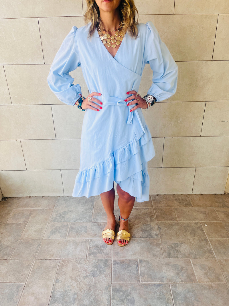 Baby Blue Ruffle Midi Tie Dress