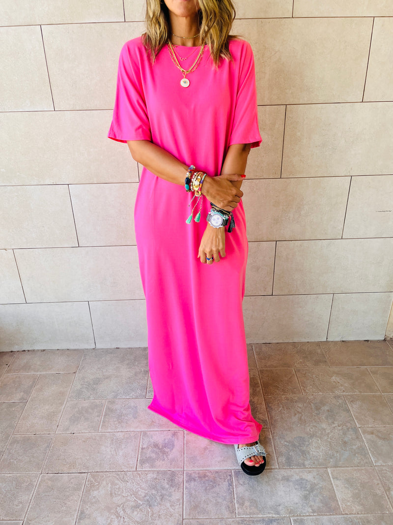 Fuchsia Fall Dayz Maxi T Shirt Dress Frillu