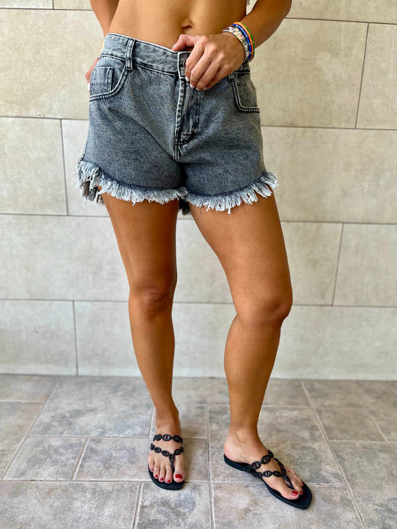 Grey Frayed Denim Shorts – Frillu