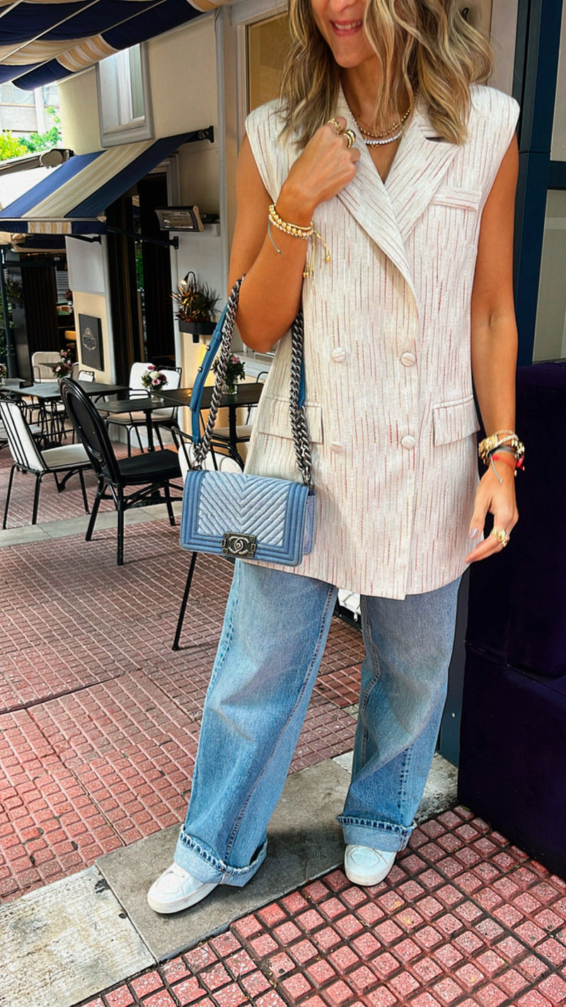 Beige Linen Mini Lines Vest – Frillu