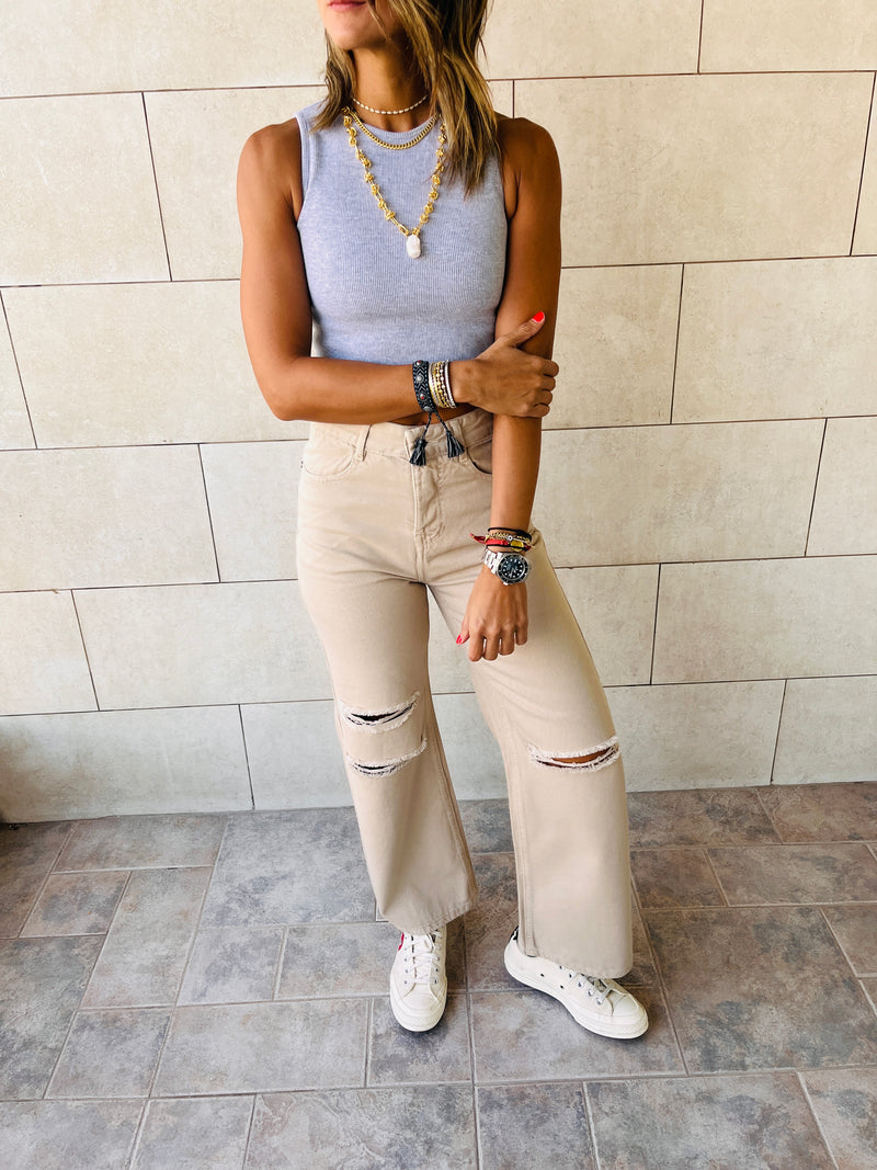 Beige 90 s Ripped Jeans Frillu