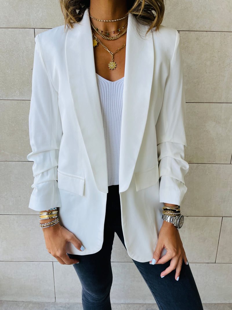 White ruched sleeve blazer clearance