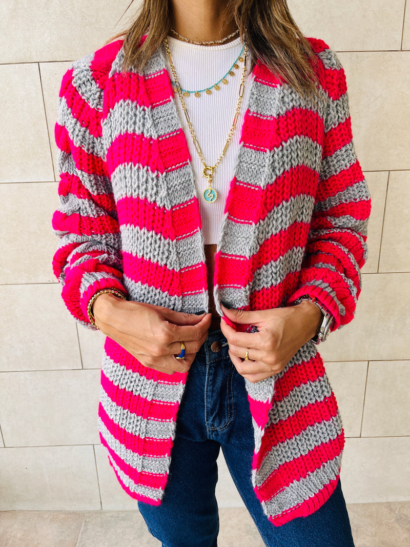 Fuchsia Striped Chunky Cardigan – Frillu
