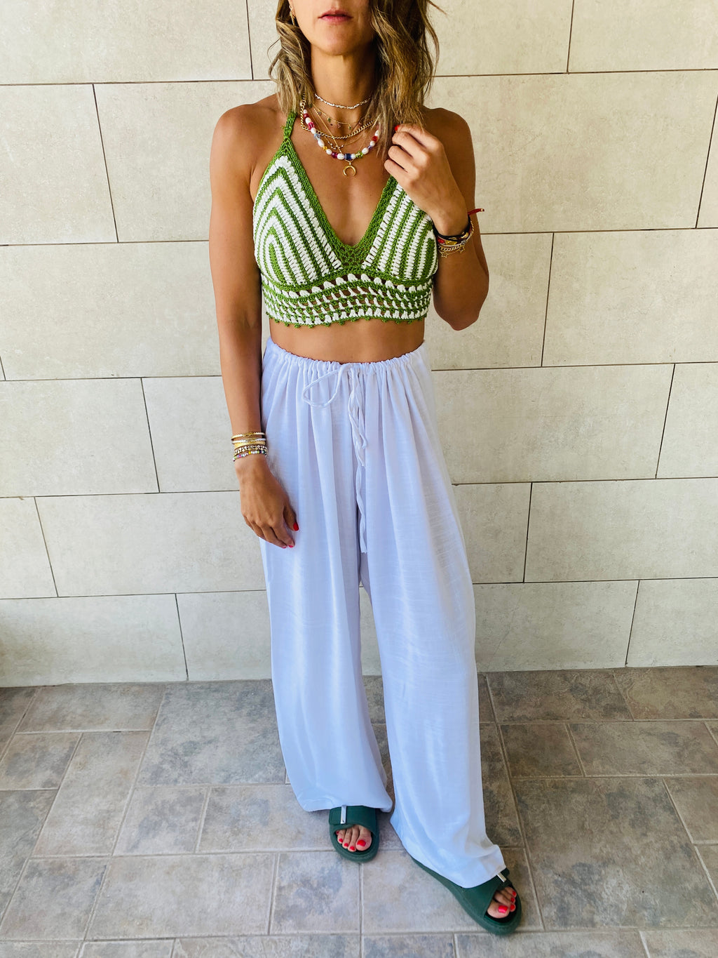 Olive Striped Crochet Top