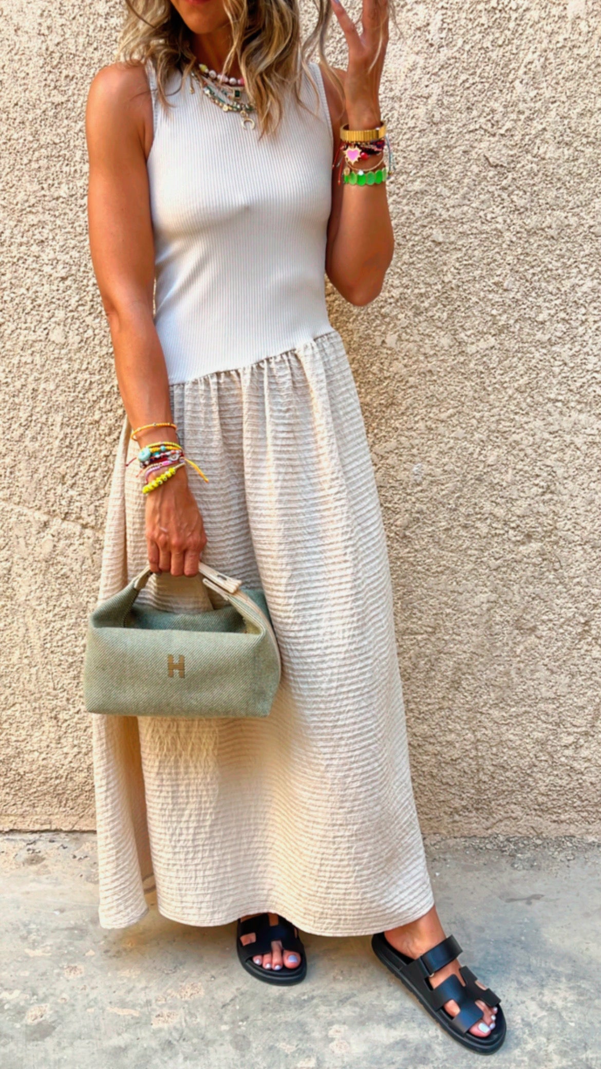 Beige Asymmetric Drop Waist Dress