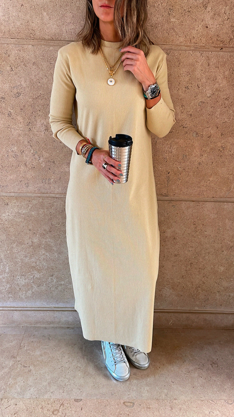 Beige Ribbed Basic Dress