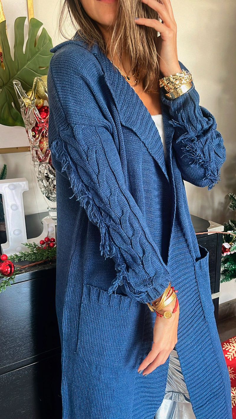 Blue Longline Braided Sleeve Cardigan