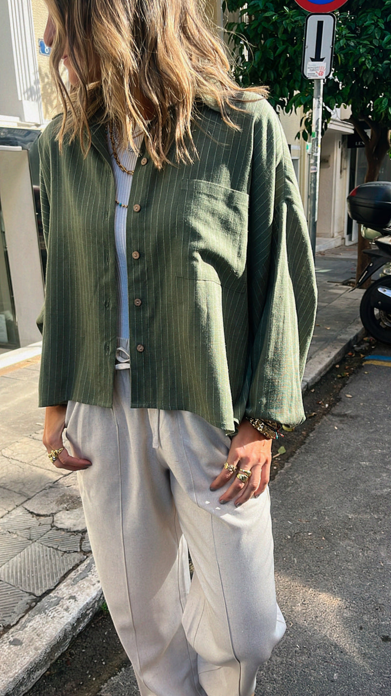 Olive Lined Linen Cropped Shirt