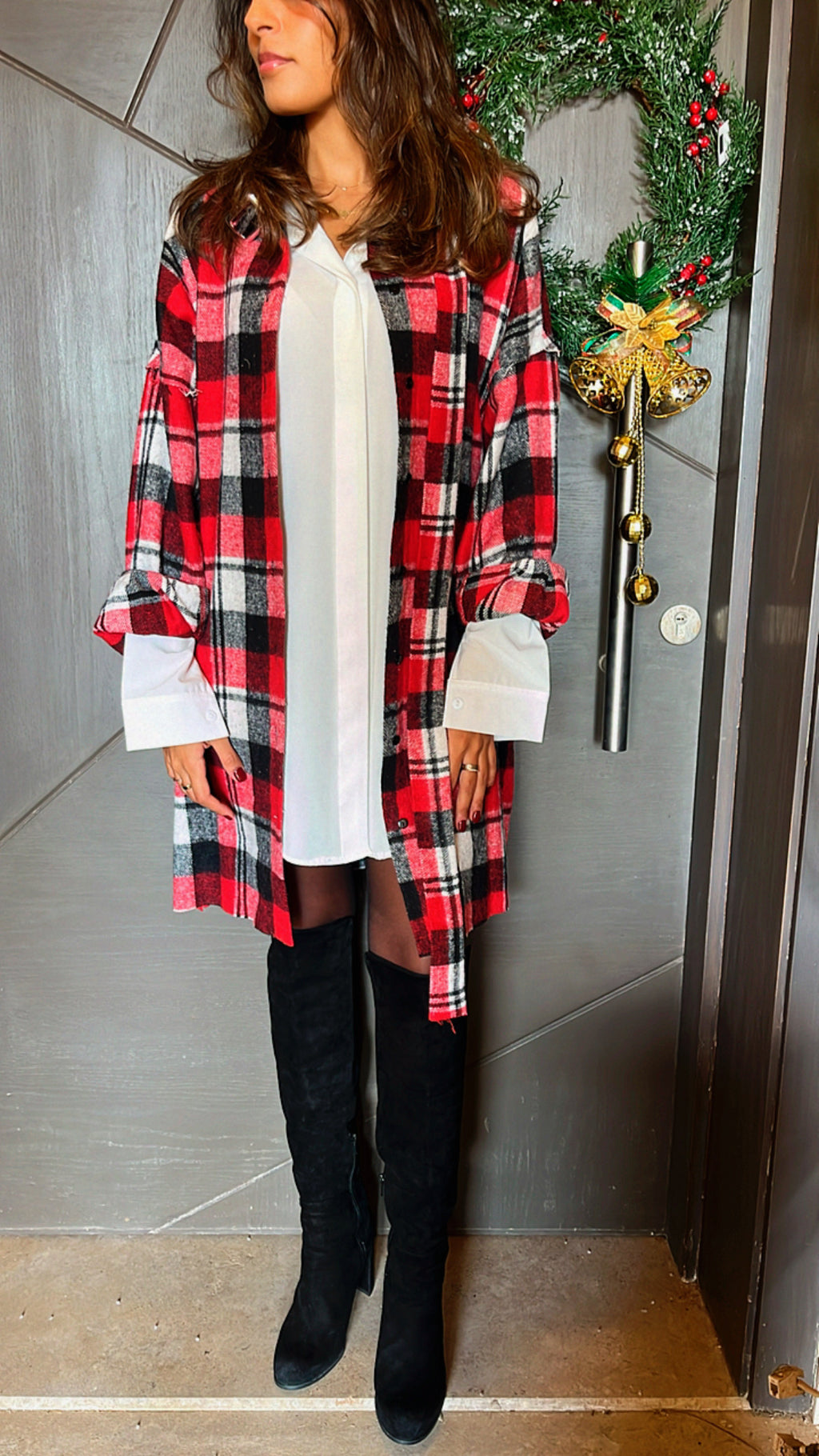 Red Buckled Flannel Longline Shirt