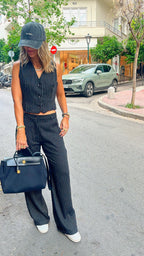Black Lined Linen Vest Set