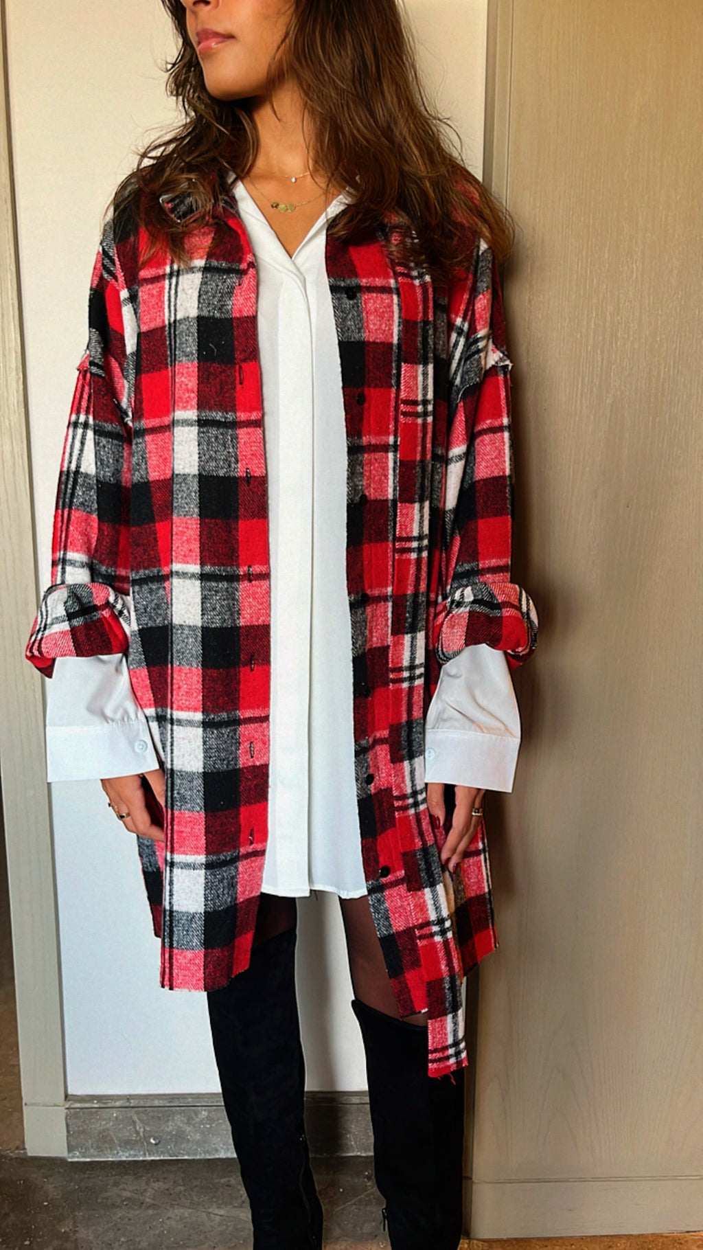 Red Buckled Flannel Longline Shirt