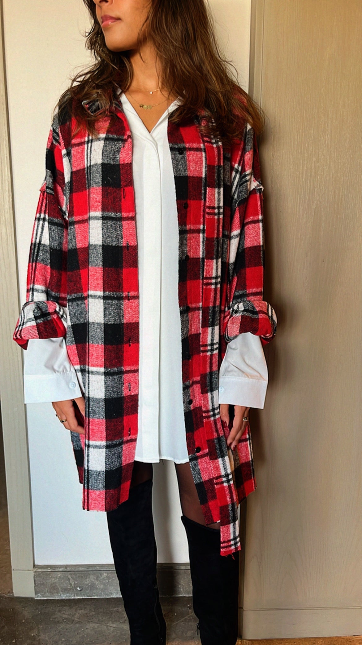 Red Buckled Flannel Longline Shirt