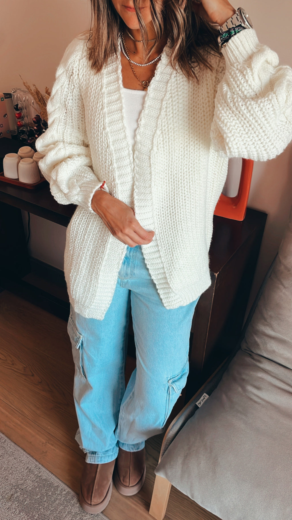 White Braided Sleeve Cardigan
