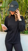 Black High Low Middle Line Ribbed Top