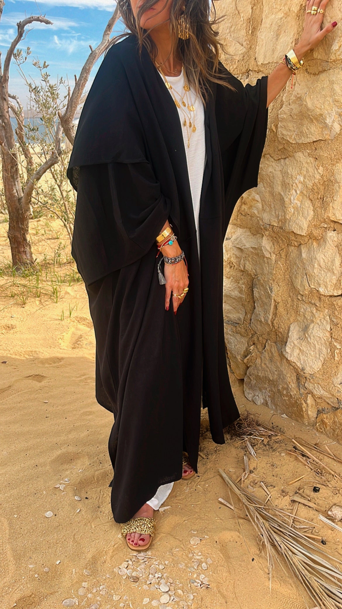 Black Layered Hooded Kimono