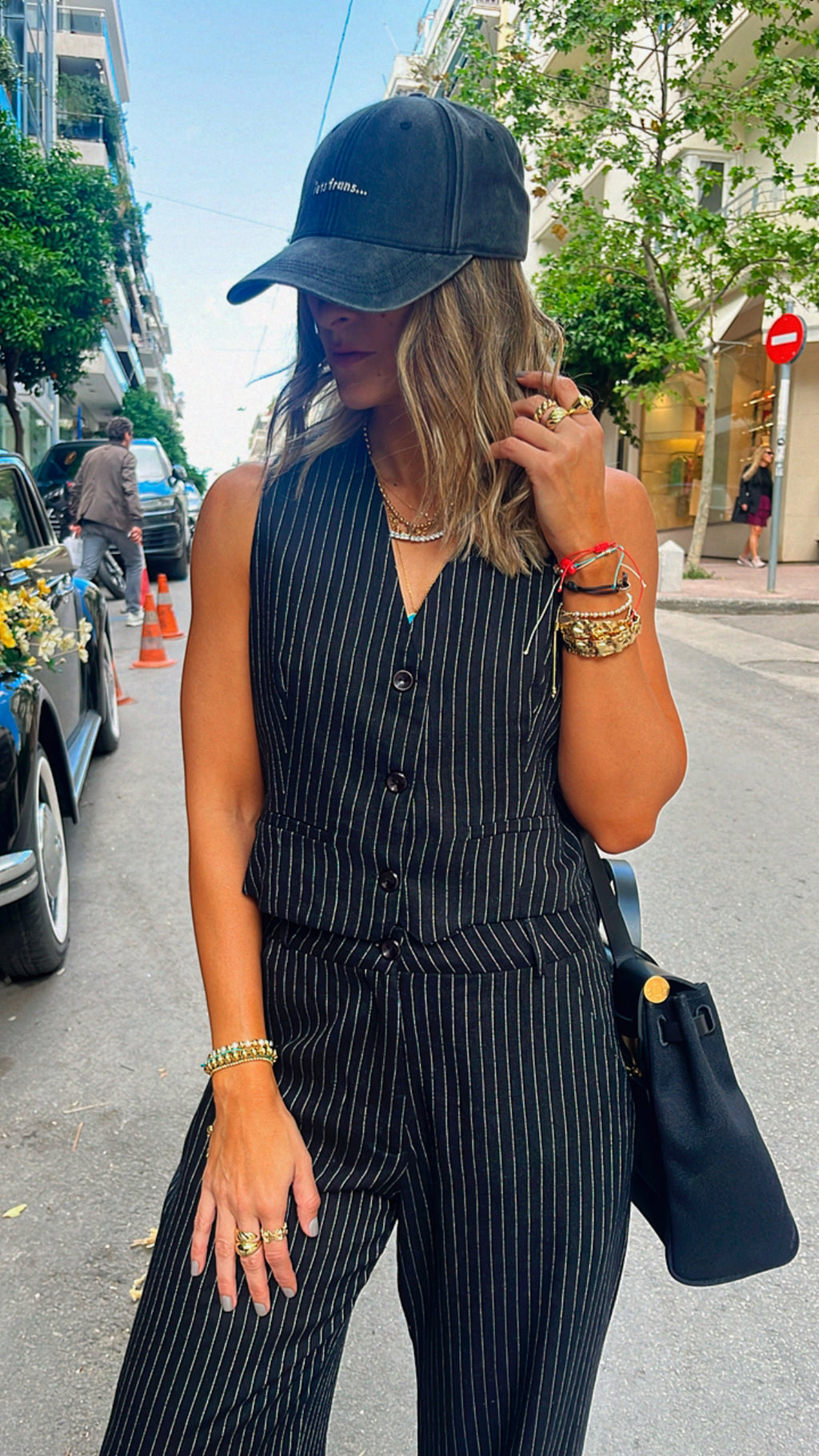Black Lined Linen Vest Set