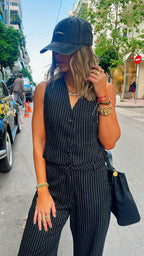 Black Lined Linen Vest Set