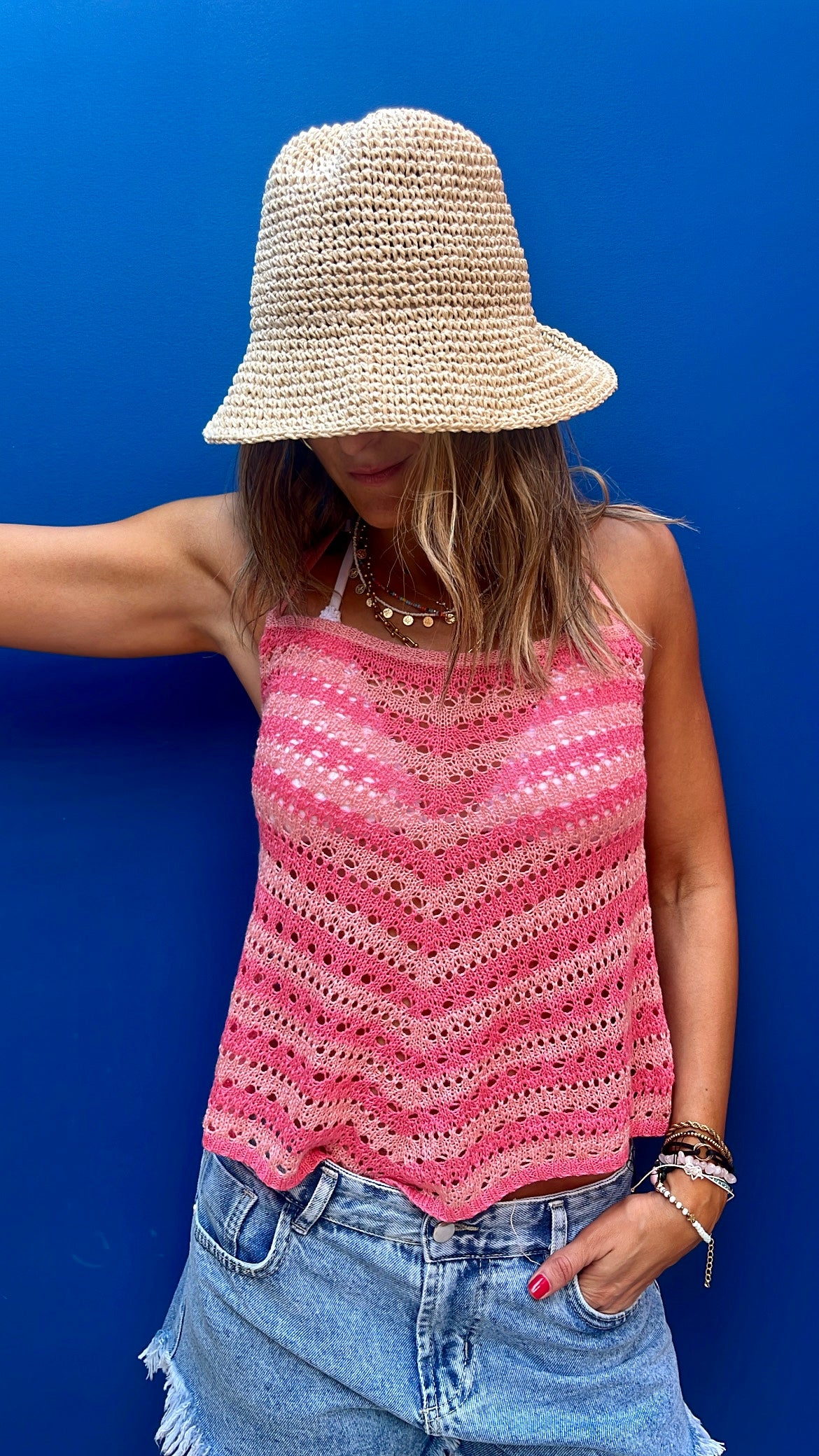 Pink Stripe V Crochet Halter Top