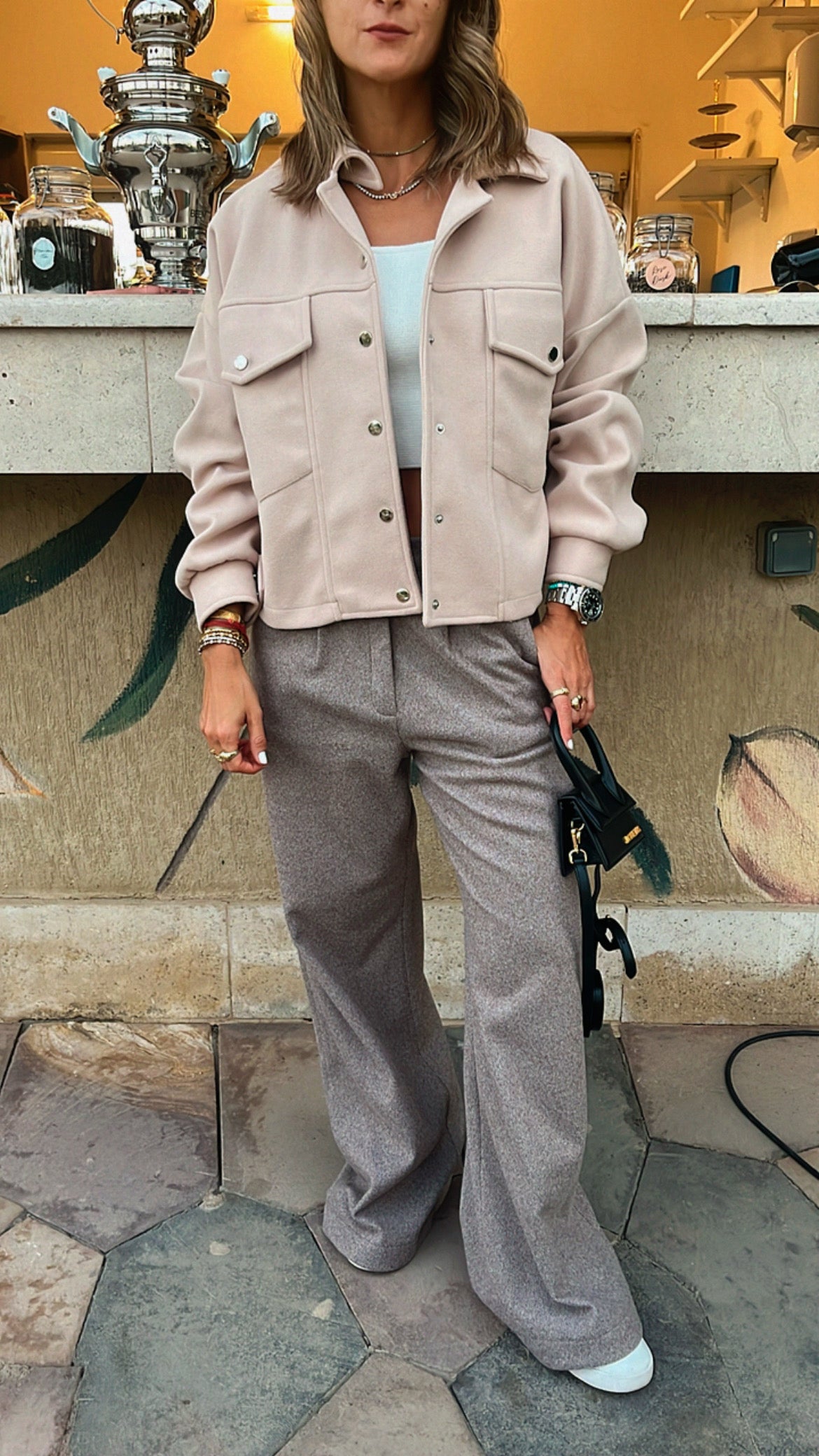 Beige Cropped Button Shacket