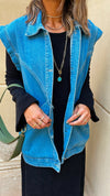 Blue Exaggerated Double Pocket Denim Vest