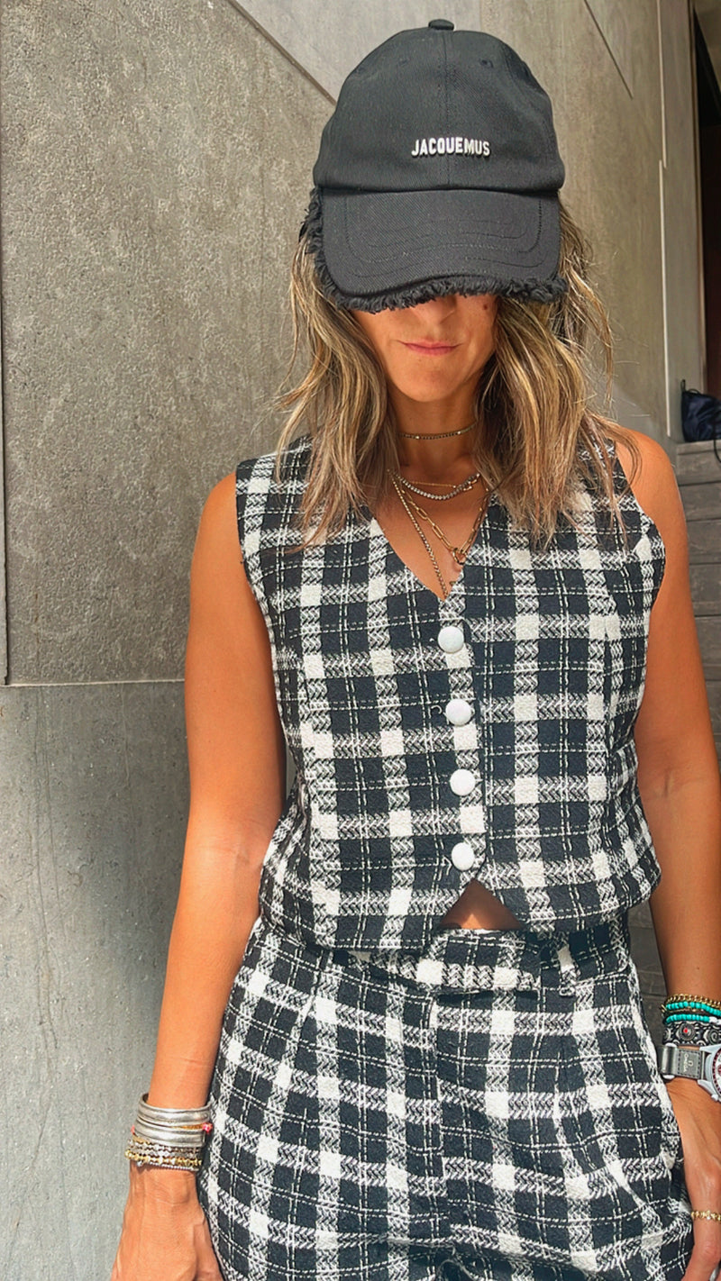 Black Tweed Print Vest