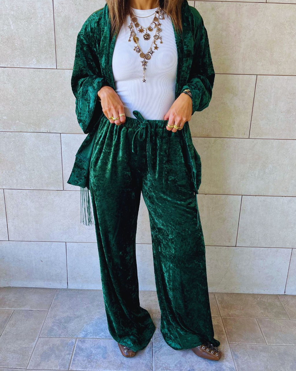 Green Flowy Velvet Pants