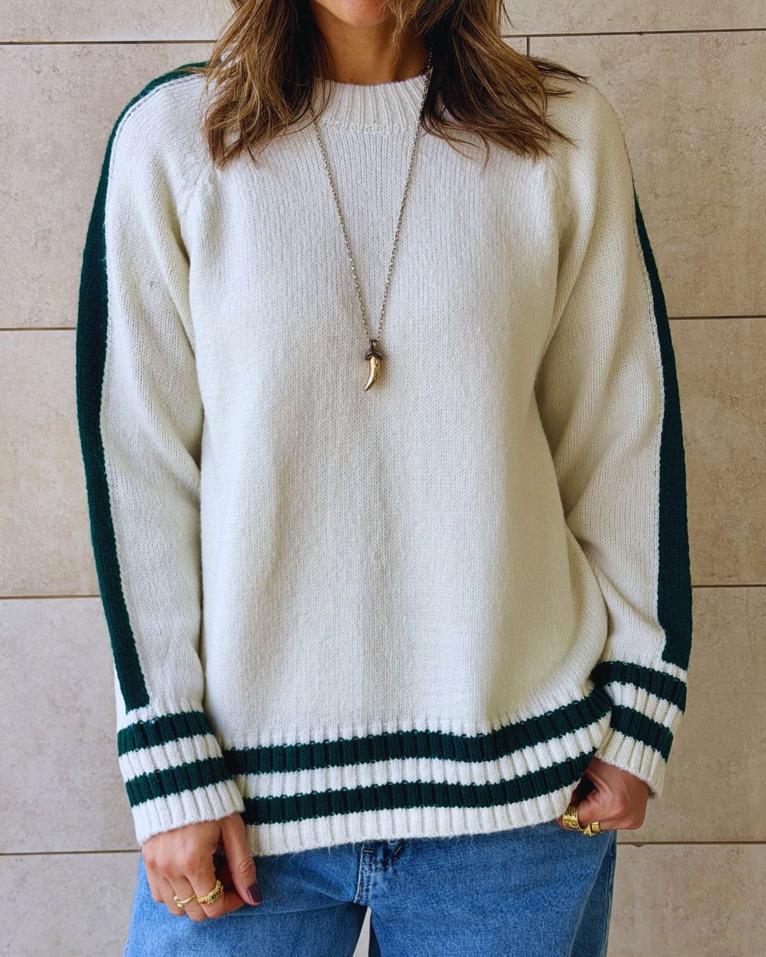 White Side Stripe Knit Pullover