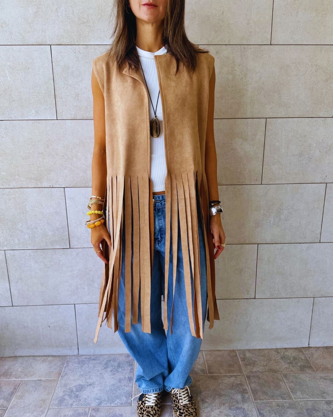 Beige Fringe Me Up Suede Vest