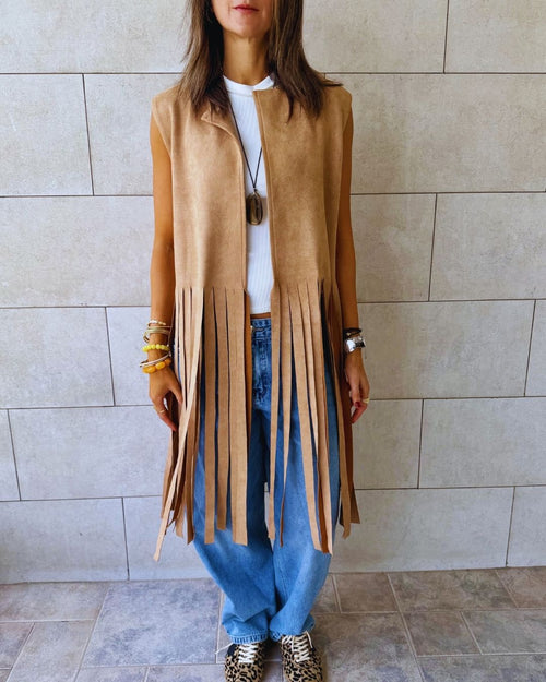 Beige Fringe Me Up Suede Vest