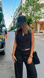 Black Lined Linen Vest Set