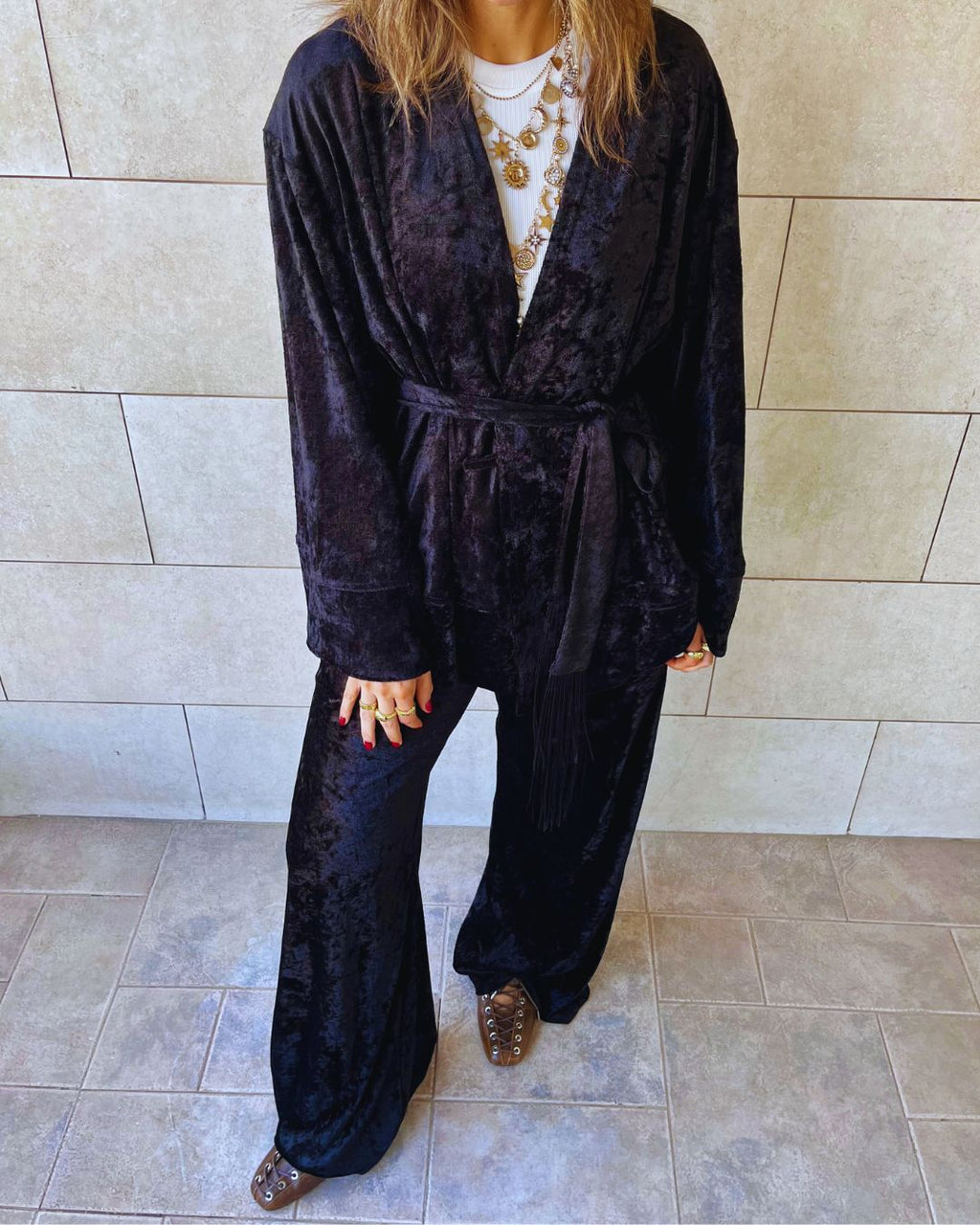 Black Velvet Wrap Fringe Kimono