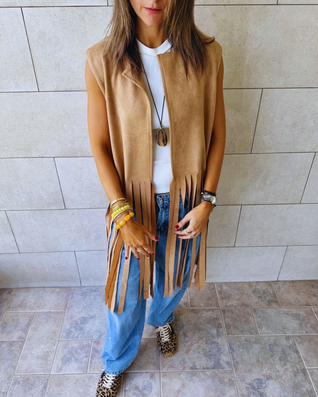Beige Fringe Me Up Suede Vest