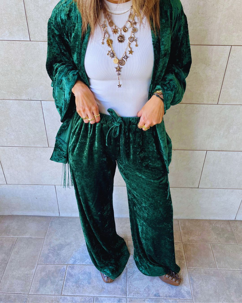 Green Flowy Velvet Pants