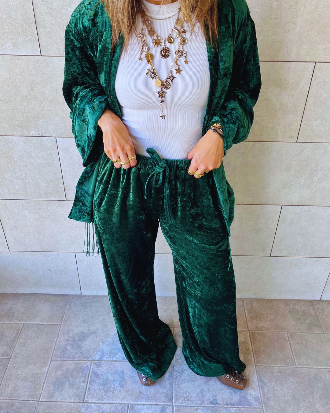 Green Flowy Velvet Pants