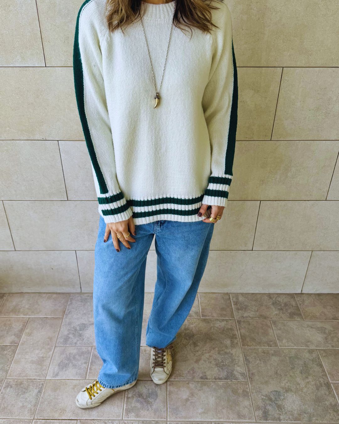 White Side Stripe Knit Pullover