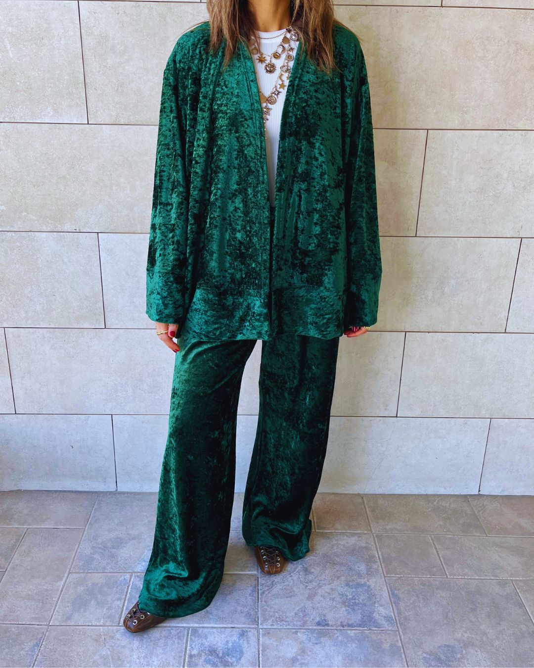 Green Velvet Wrap Fringe Kimono