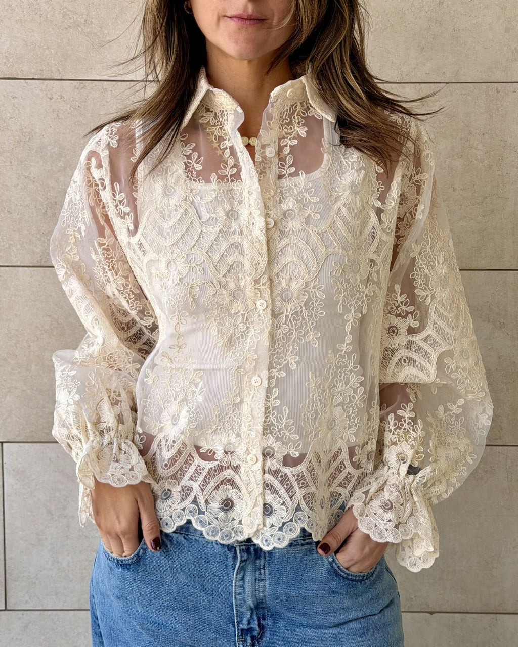 Ivory Sheer Lace Detailed Shirt
