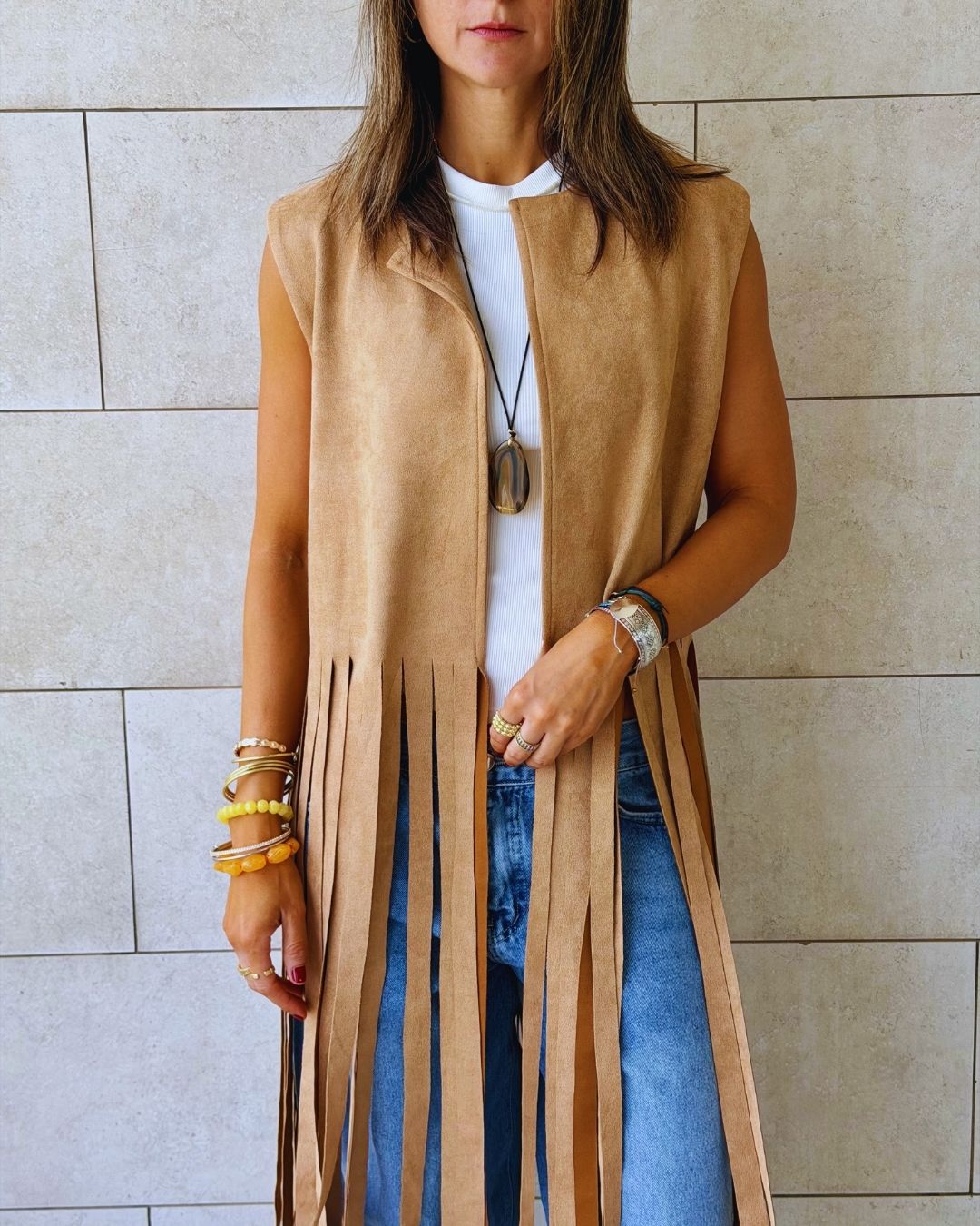Beige Fringe Me Up Suede Vest