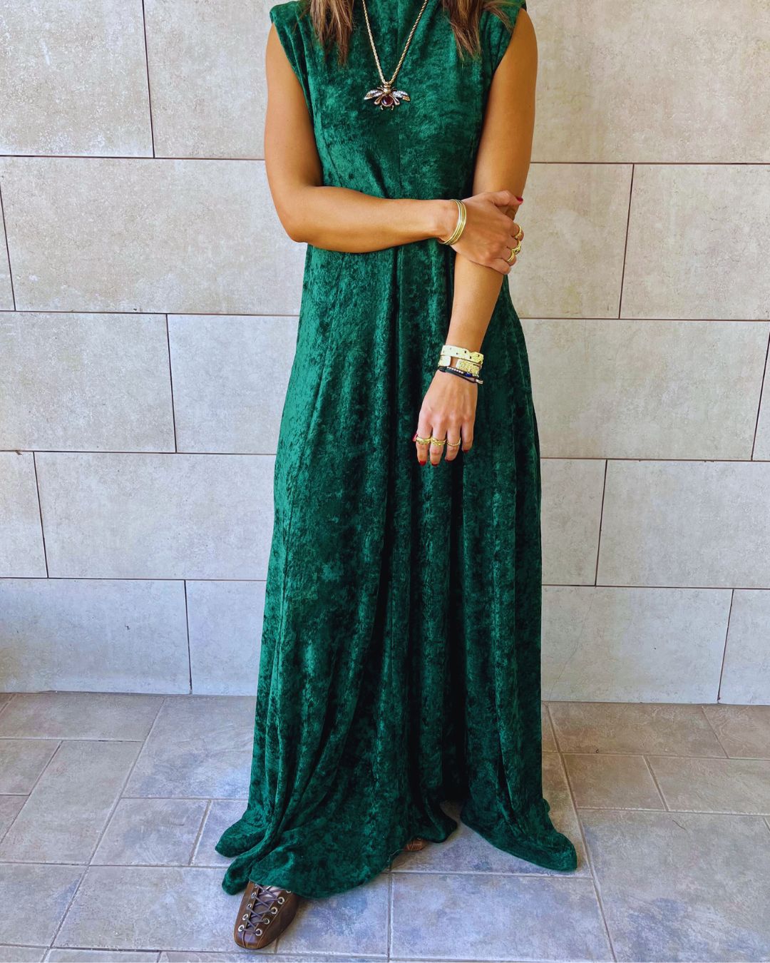 Green Soft Velvet Maxi Dress