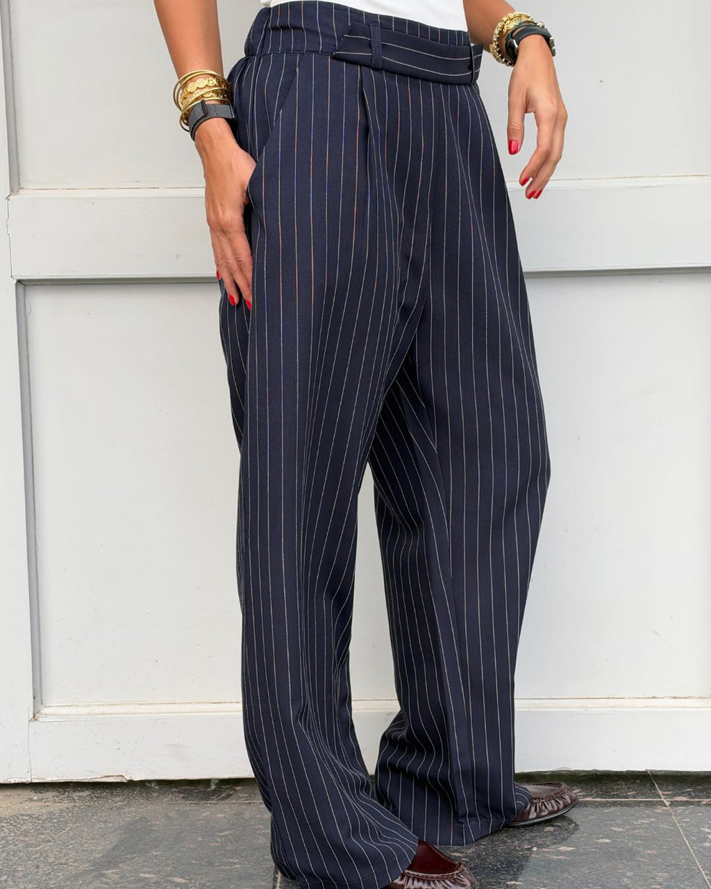 Navy Striped Main Office Pants