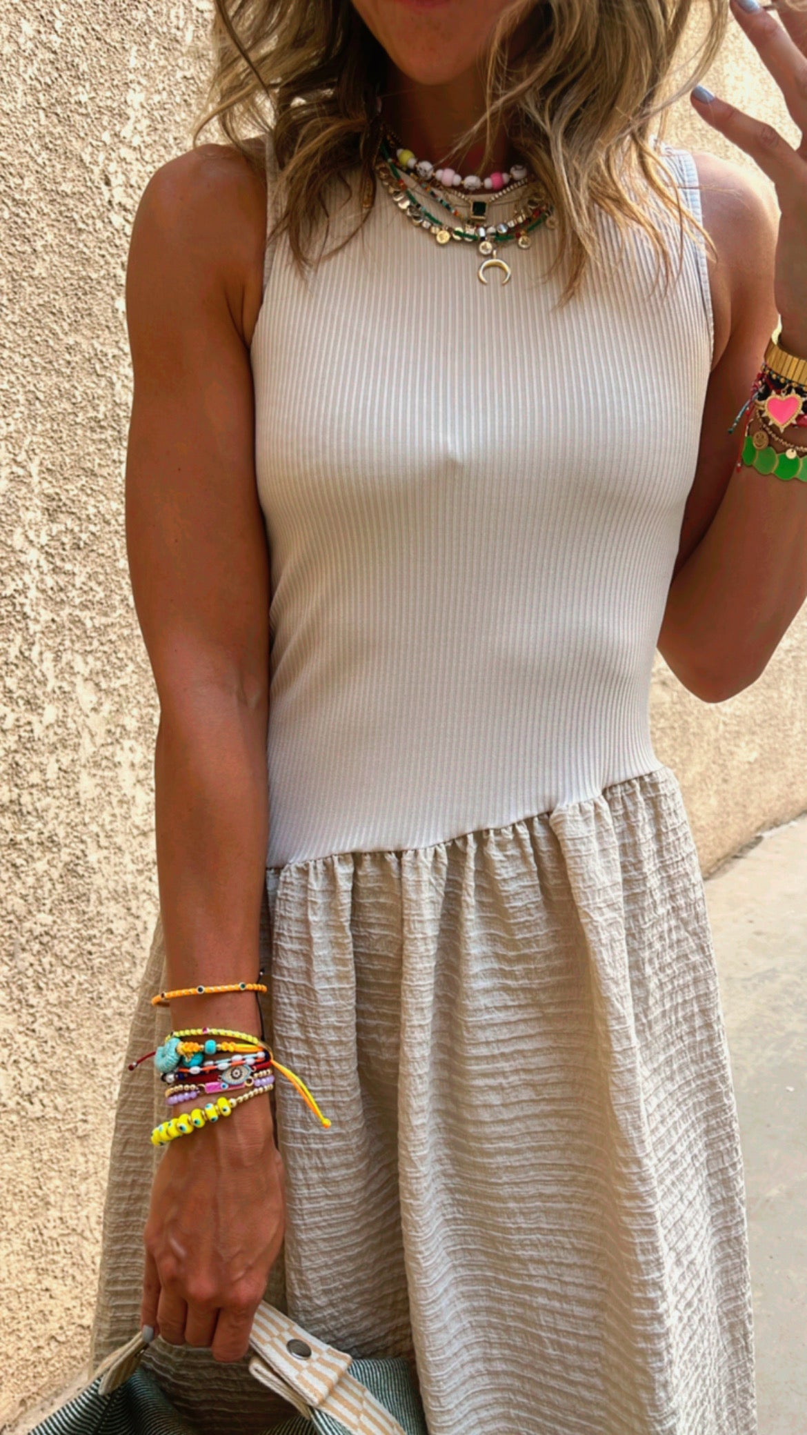 Beige Asymmetric Drop Waist Dress