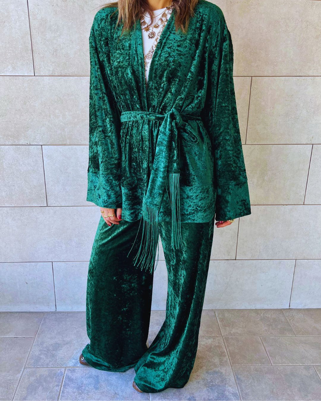 Green Velvet Wrap Fringe Kimono
