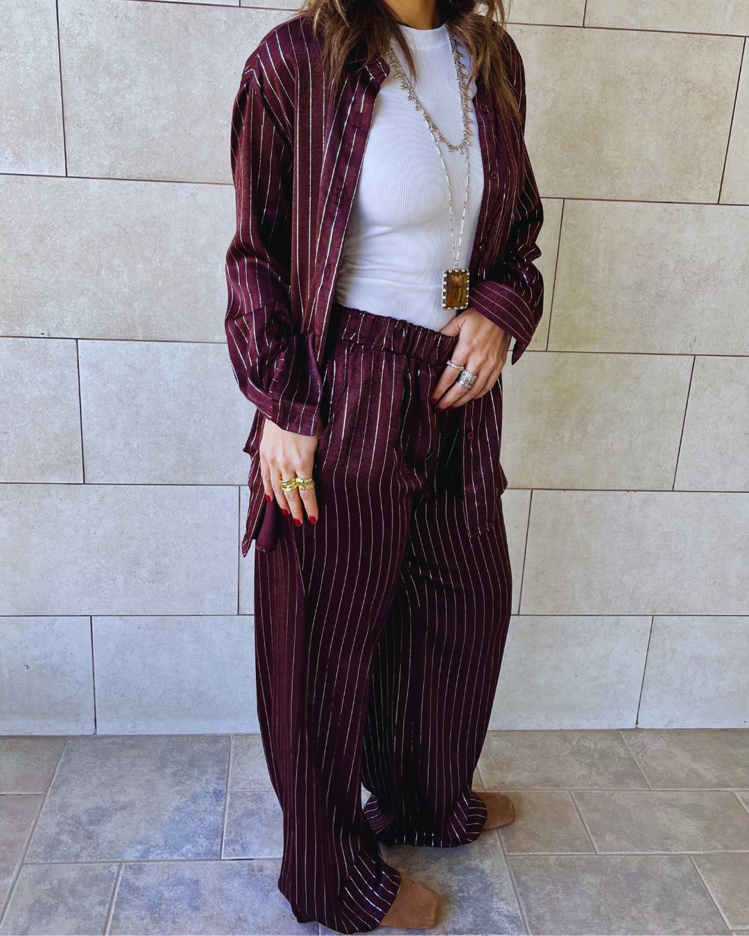 Burgundy Striped Satin Eclipse Set