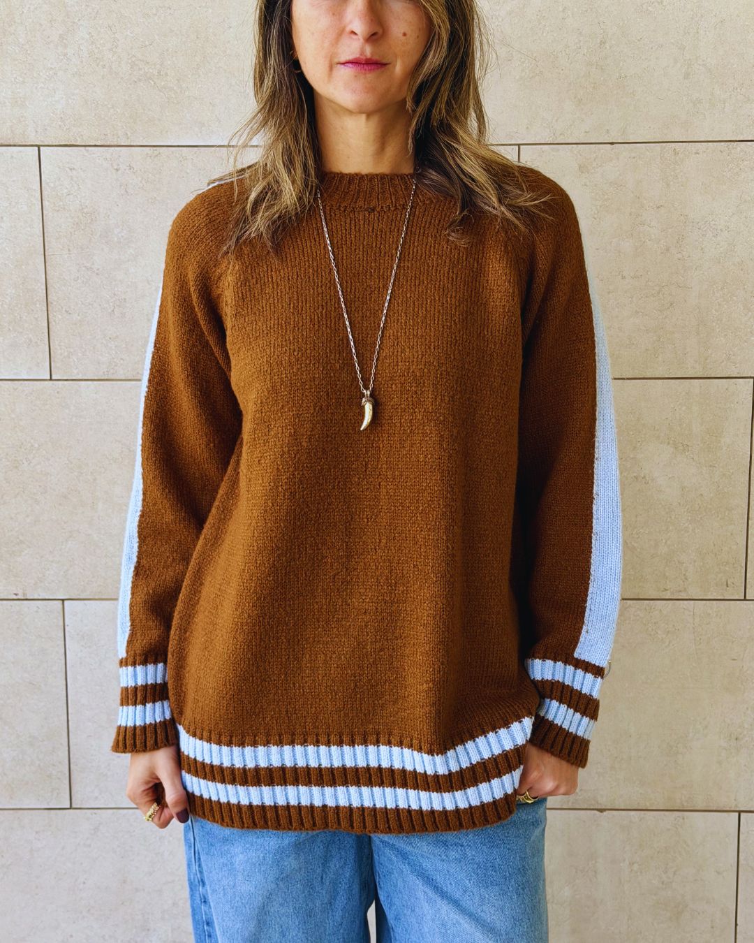Brown Side Stripe Knit Pullover