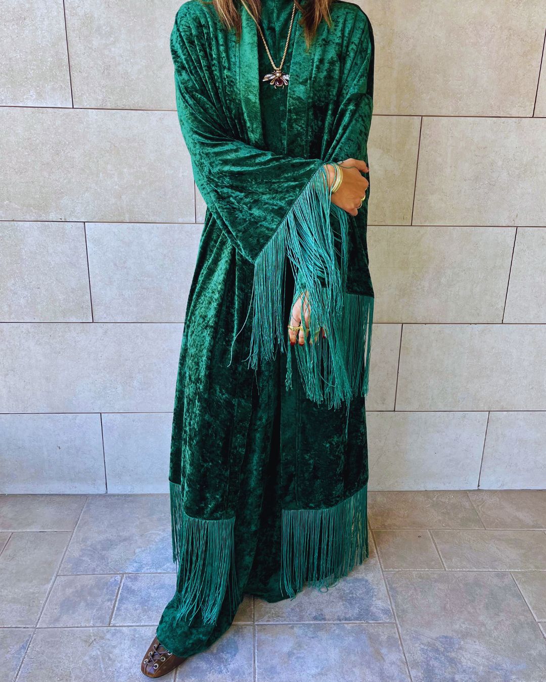Green Velvet Fringe Kimono