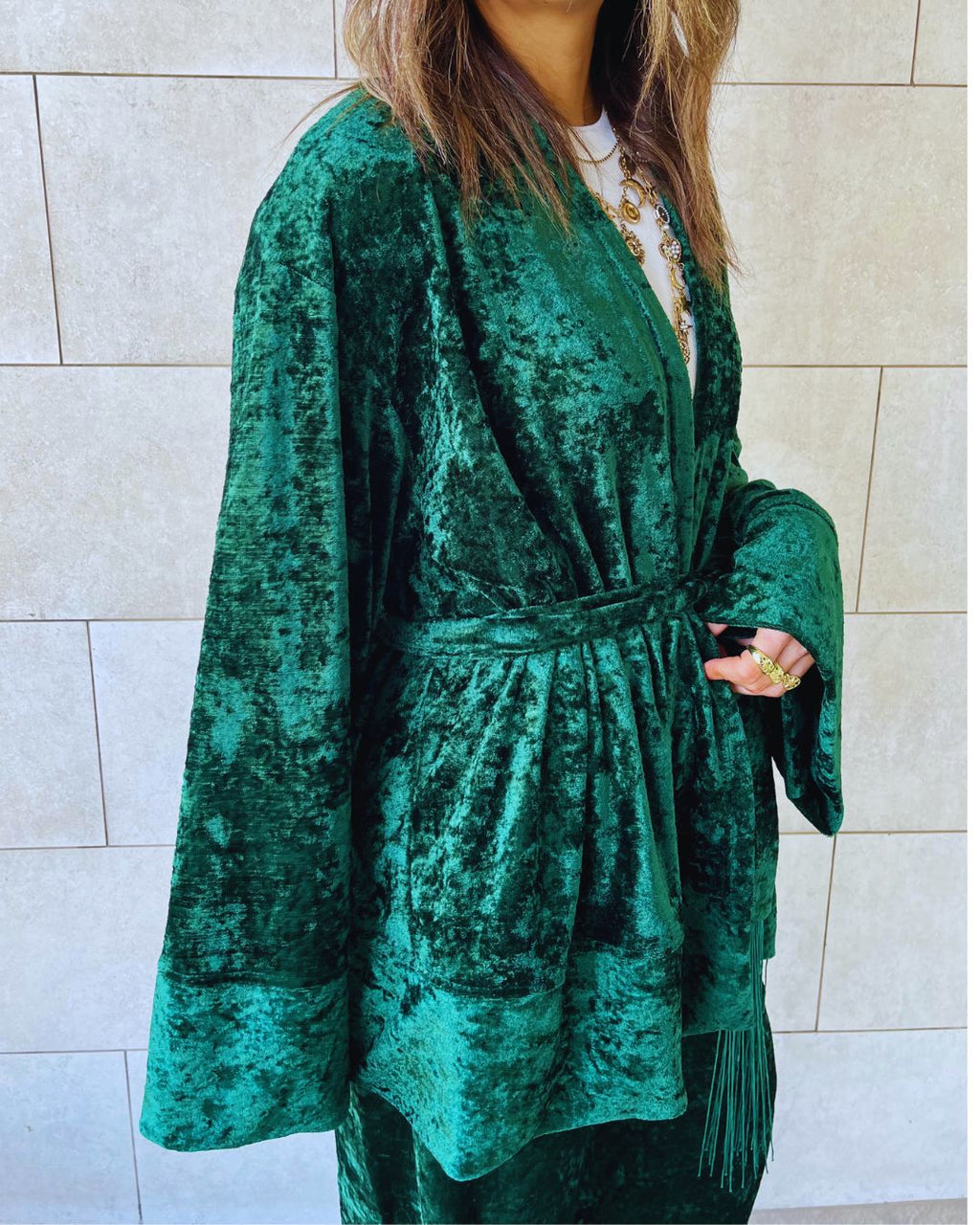Green Velvet Wrap Fringe Kimono
