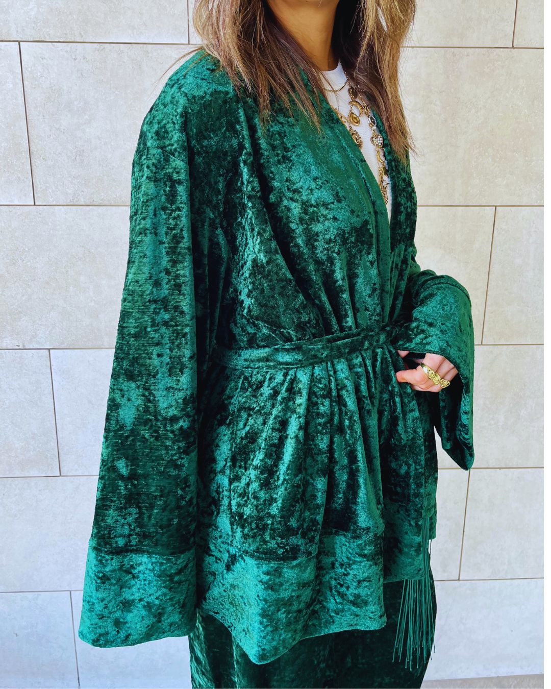 Green Velvet Wrap Fringe Kimono
